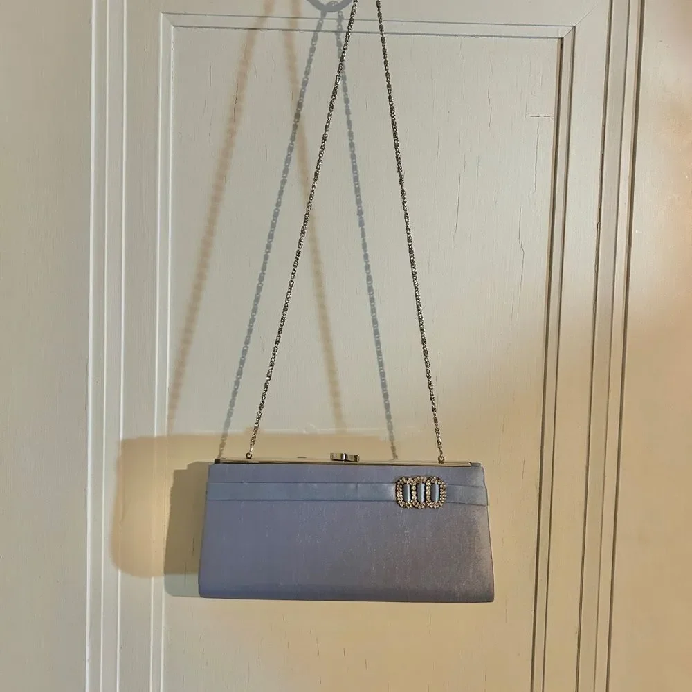 Menbur Powder Blue Evening Clutch Purse Detachable Gold Chain Strap Wedding Prom